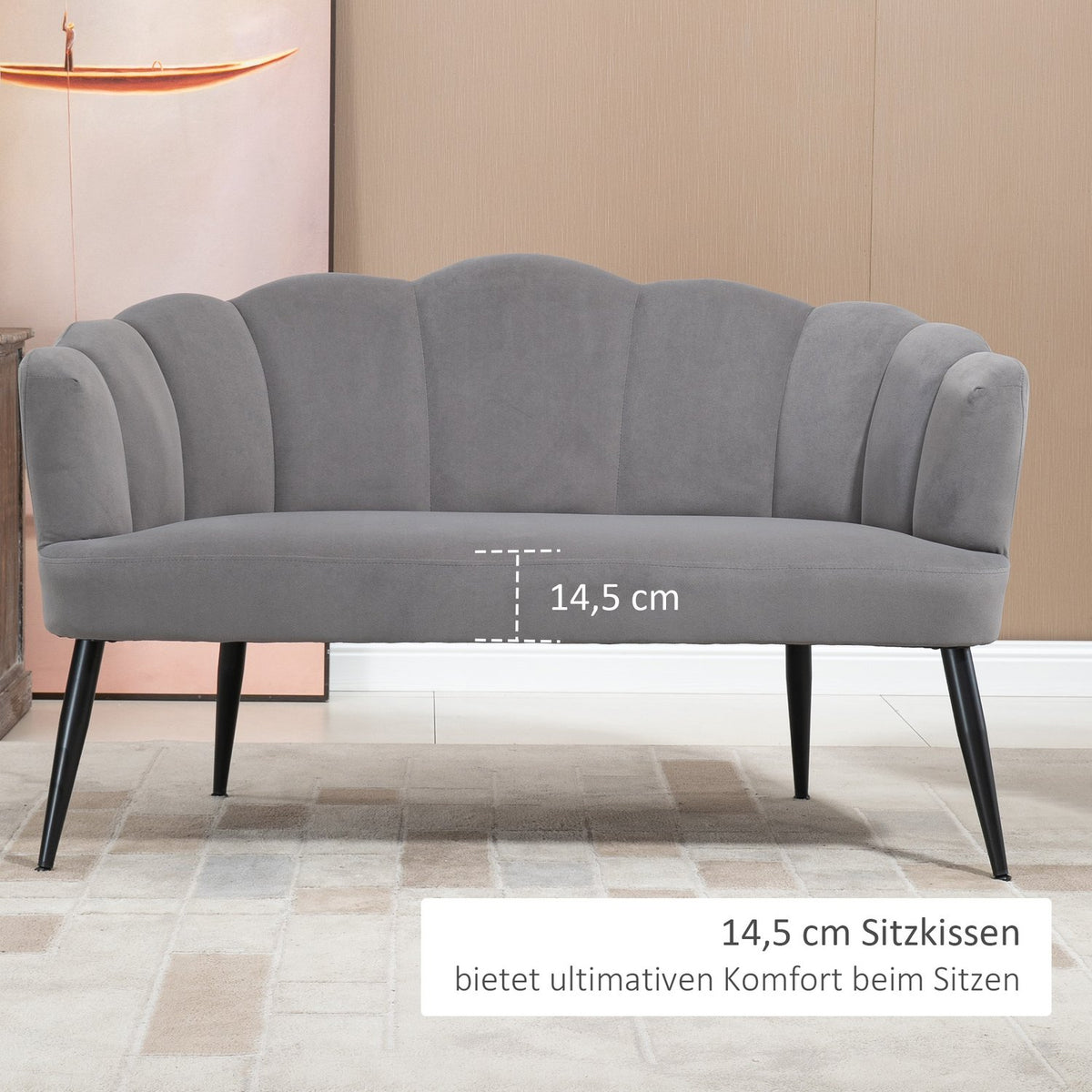 2-seater sofa, double sofa, two-seater lounge chair in modern design, load capacity up to 160 kg, 132 x 66 x 80 cm, grey