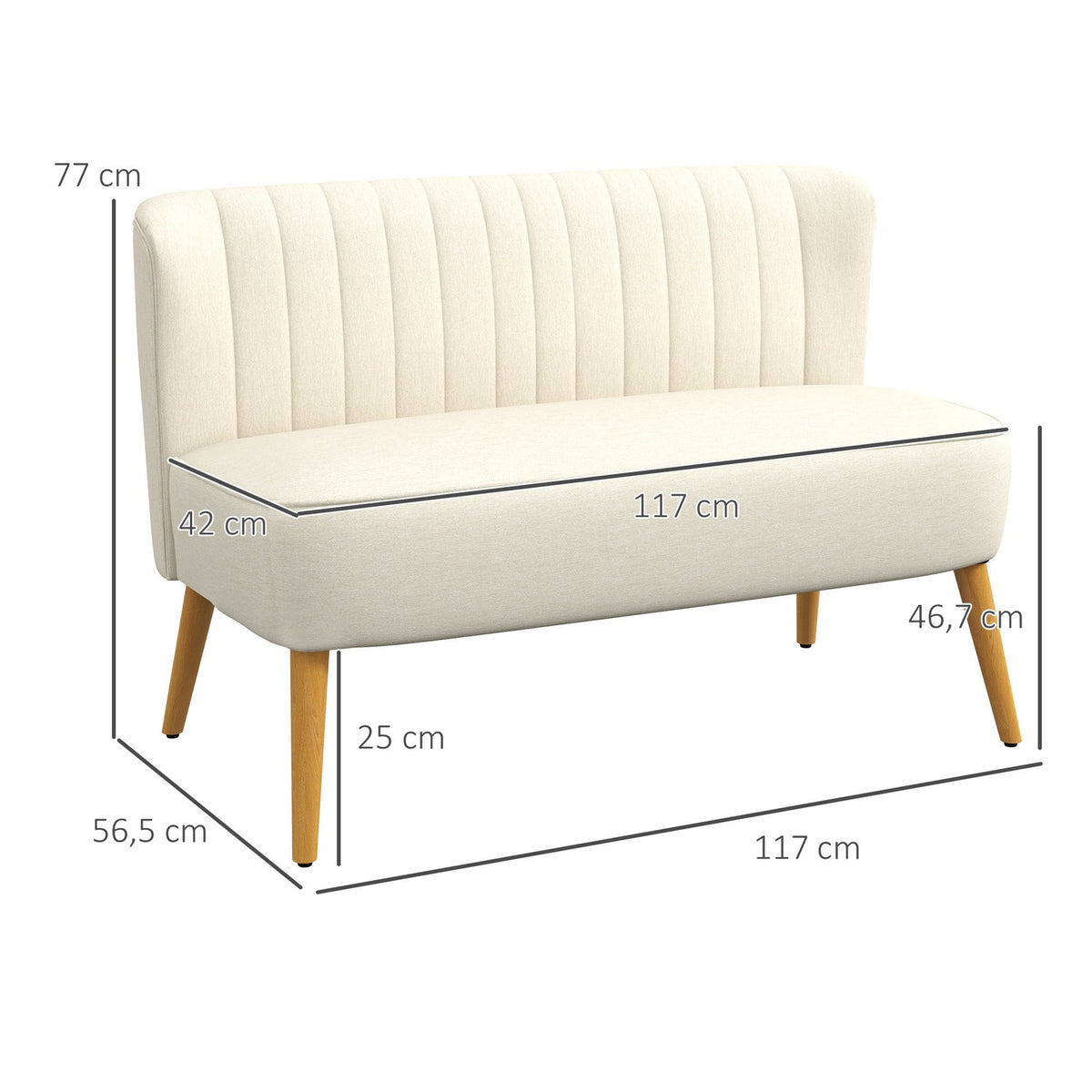 2-seater sofa, loveseat with linen look, double sofa with wooden legs, load capacity up to 150 kg, cream white, 117 x 56.5 x 77 cm