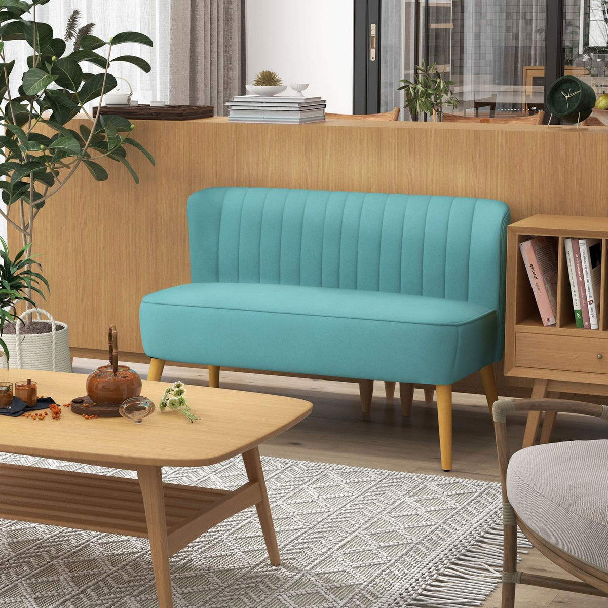 2-seater sofa, loveseat with linen look, double sofa with wooden legs, load capacity up to 150 kg, green, 117 x 56.5 x 77 cm