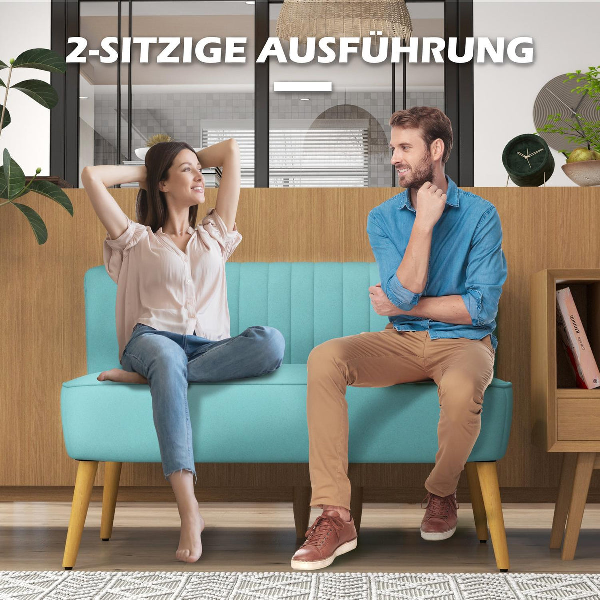 2-seater sofa, loveseat with linen look, double sofa with wooden legs, load capacity up to 150 kg, green, 117 x 56.5 x 77 cm