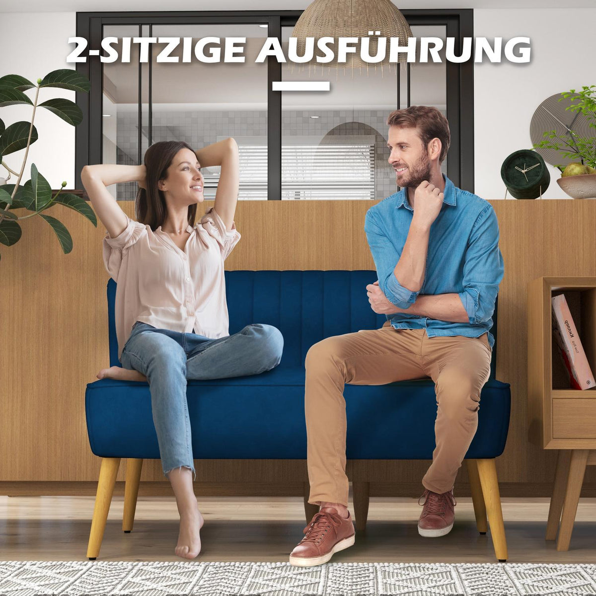 2-seater sofa, two-seater, loveseat with linen look, double sofa with wooden legs, load capacity up to 150 kg, sky blue, 117 x 56.5 x 77 cm