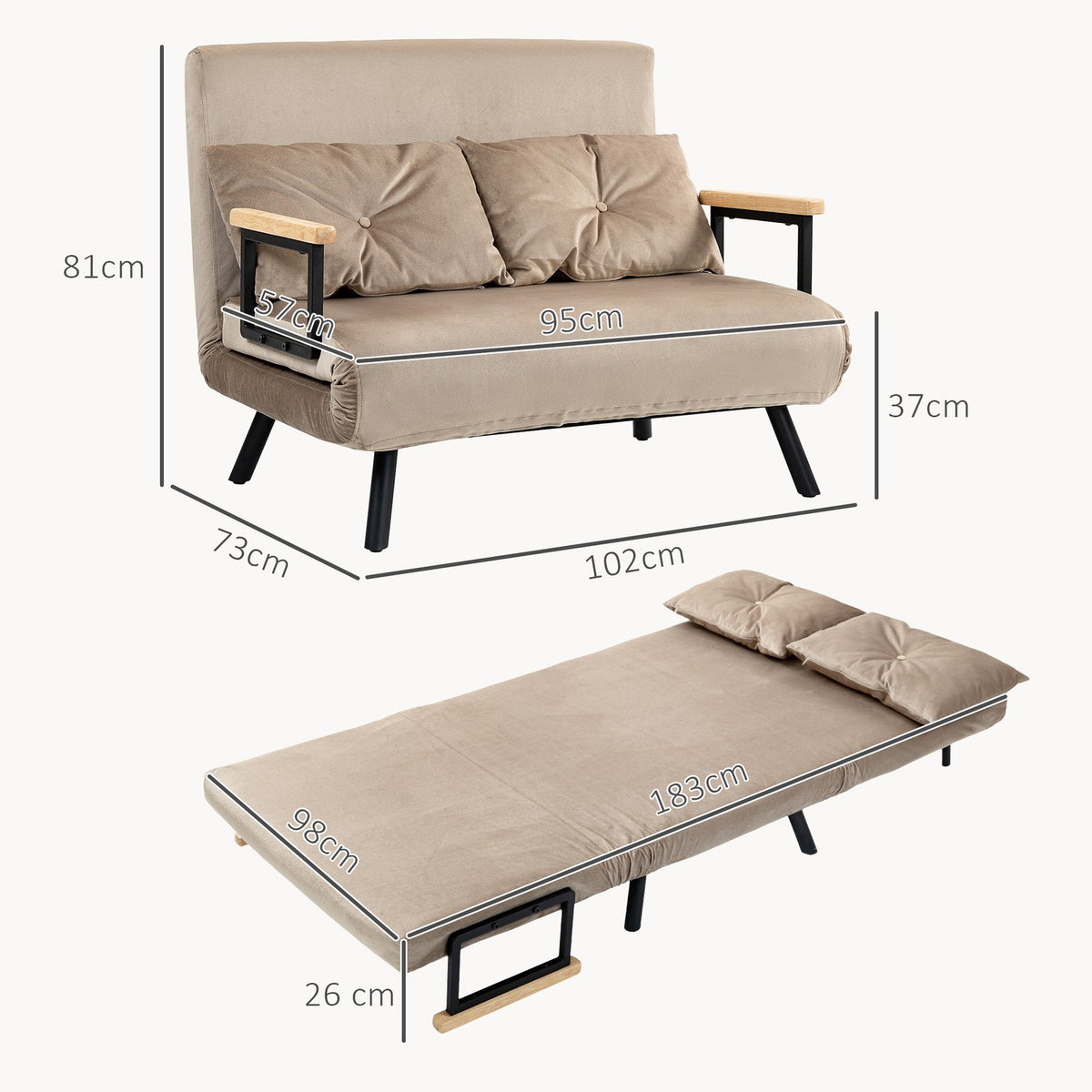 2-seater sofa with sleeping function, 102x73x81cm, with five-way adjustable backrest, throw cushion, non-slip feet, velvet look, light brown