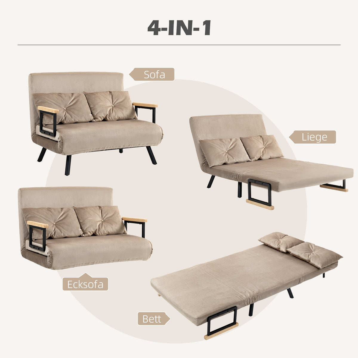 2-seater sofa with sleeping function, 102x73x81cm, with five-way adjustable backrest, throw cushion, non-slip feet, velvet look, light brown