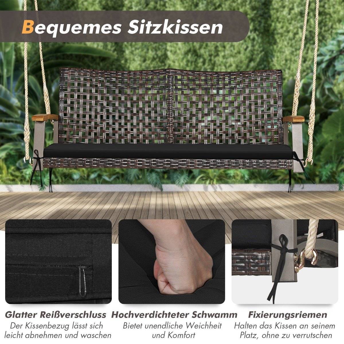2-seater swing bench with cushions PE rattan hanging bench up to 360 kg garden swing black