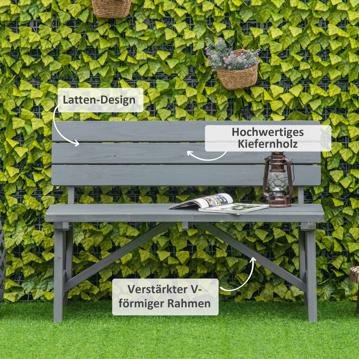 2-seater wooden garden bench, weatherproof bench, UV-resistant garden furniture with backrest, park bench with a load capacity of 220 kg, balcony bench, wooden bench for balcony, terrace, garden, 116 x 56 x 80 cm, grey |