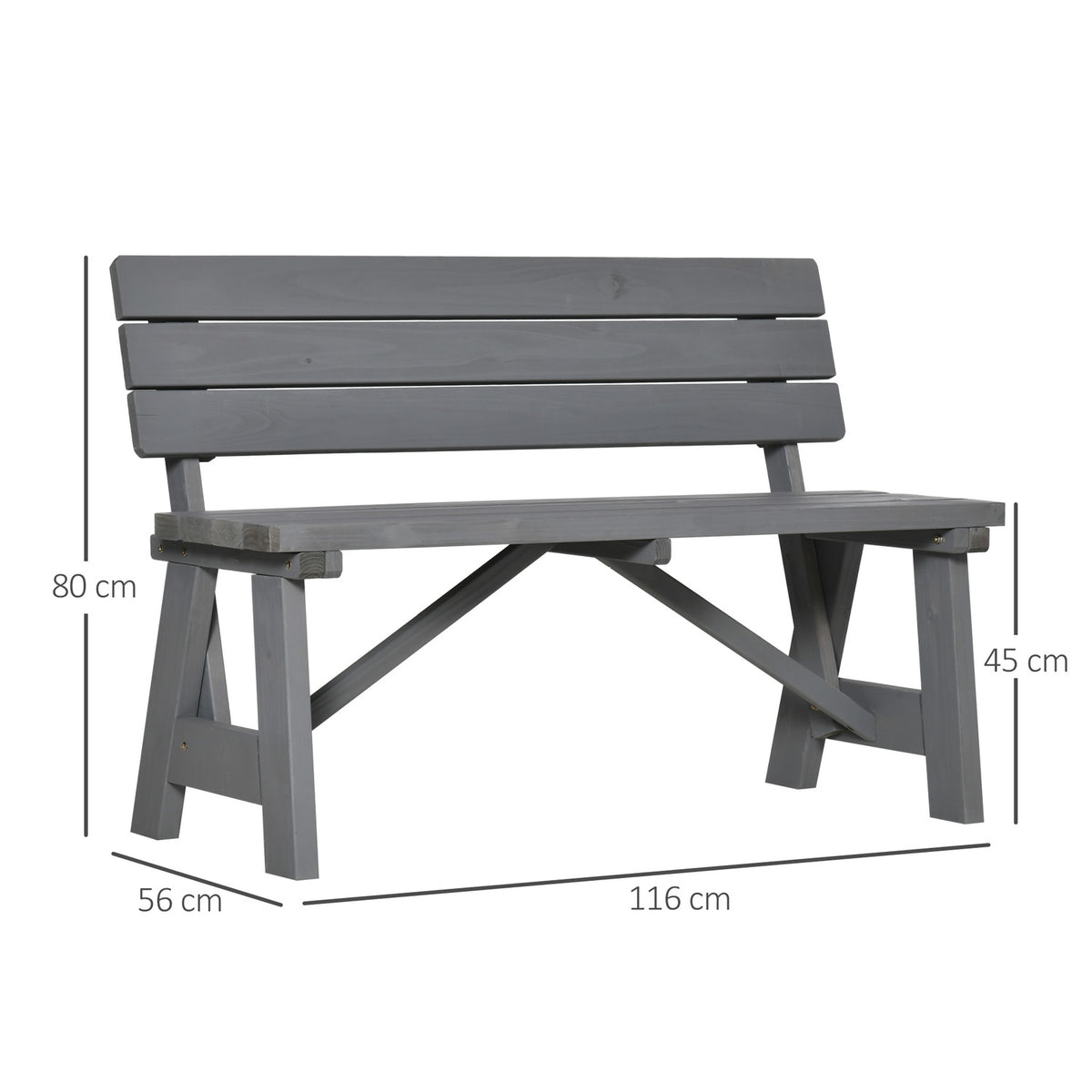 2-seater wooden garden bench, weatherproof bench, UV-resistant garden furniture with backrest, park bench with a load capacity of 220 kg, balcony bench, wooden bench for balcony, terrace, garden, 116 x 56 x 80 cm, grey |