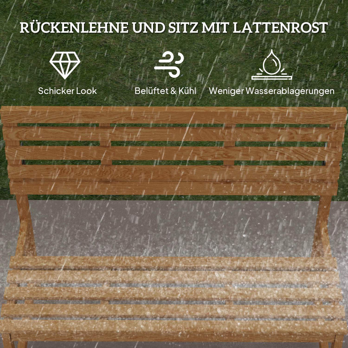2-seater wooden garden bench, weatherproof bench, UV-resistant garden furniture with convertible backrests, park bench 240kg load capacity, wooden bench for balcony, terrace, garden, 110x61x89cm, teak