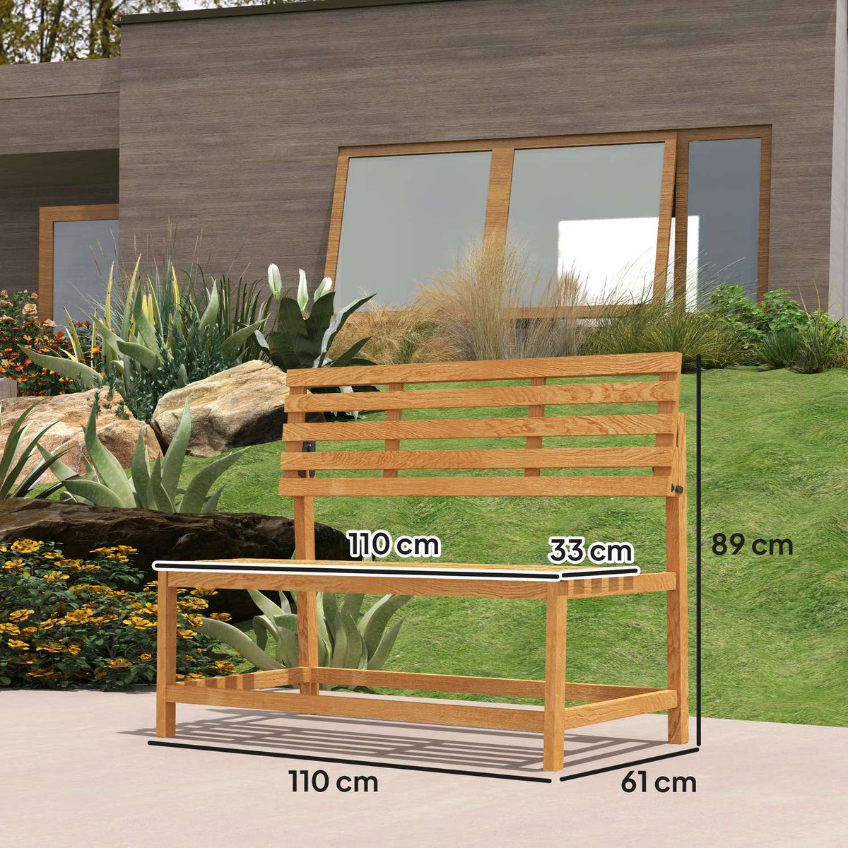 2-seater wooden garden bench, weatherproof bench, UV-resistant garden furniture with convertible backrests, park bench 240kg load capacity, wooden bench for balcony, terrace, garden, 110x61x89cm, teak
