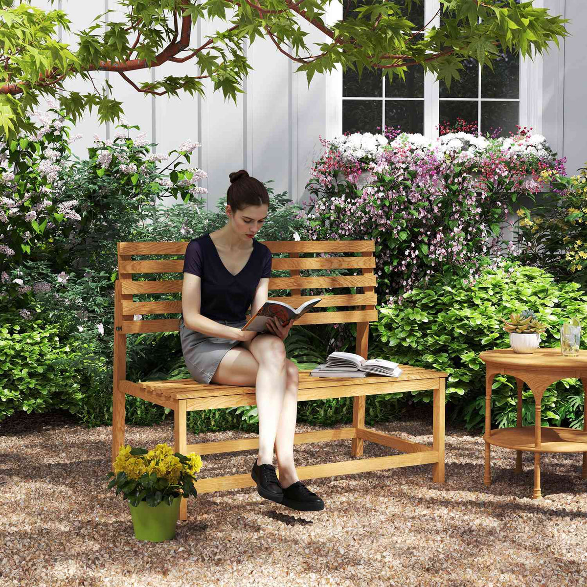 2-seater wooden garden bench, weatherproof bench, UV-resistant garden furniture with convertible backrests, park bench 240kg load capacity, wooden bench for balcony, terrace, garden, 110x61x89cm, teak