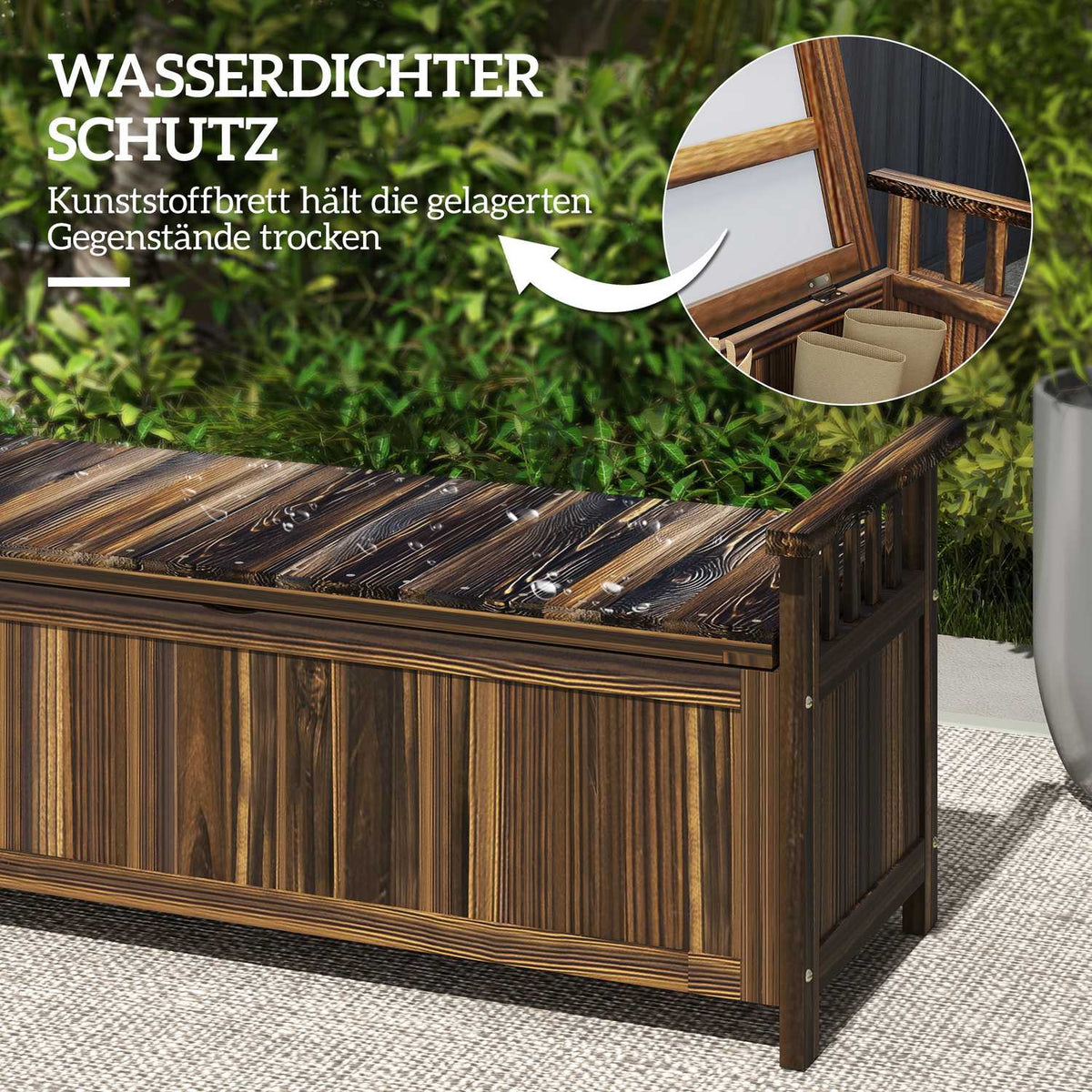 2-seater wooden garden bench, weatherproof bench, garden furniture with storage space armrests, park bench 240kg load capacity, balcony bench, wooden bench for balcony, terrace, garden, 128.5 x 56 x 53.5cm, charred |