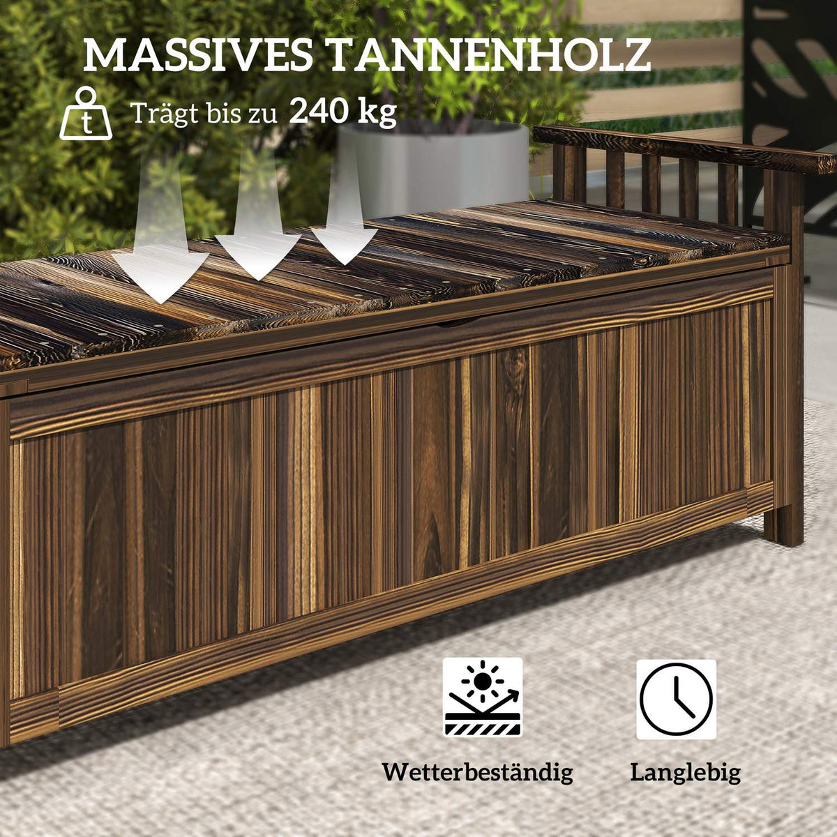 2-seater wooden garden bench, weatherproof bench, garden furniture with storage space armrests, park bench 240kg load capacity, balcony bench, wooden bench for balcony, terrace, garden, 128.5 x 56 x 53.5cm, charred |