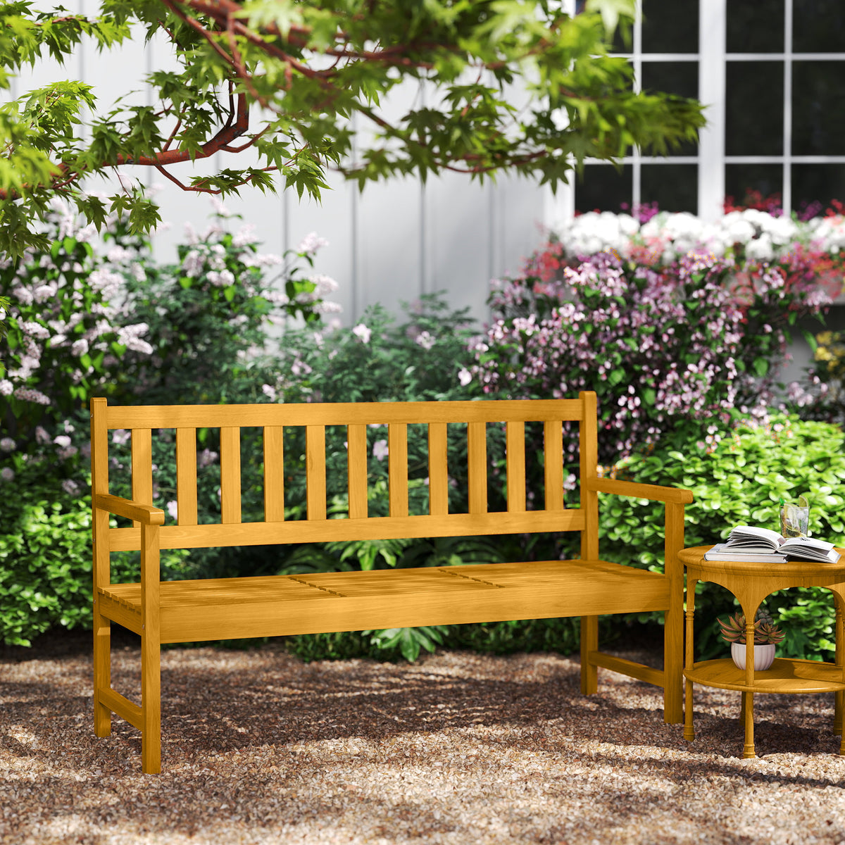 2-seater wooden garden bench, weatherproof bench with back and armrests, 320 kg load capacity, 149 x 56.5 x 89 cm, teak