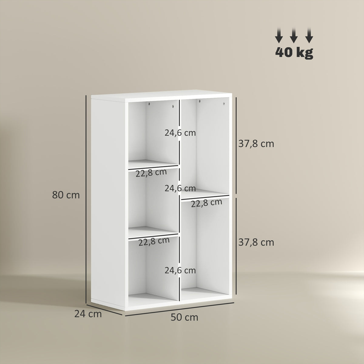2-tier bookcase, 5 compartments, chipboard, storage shelf, white