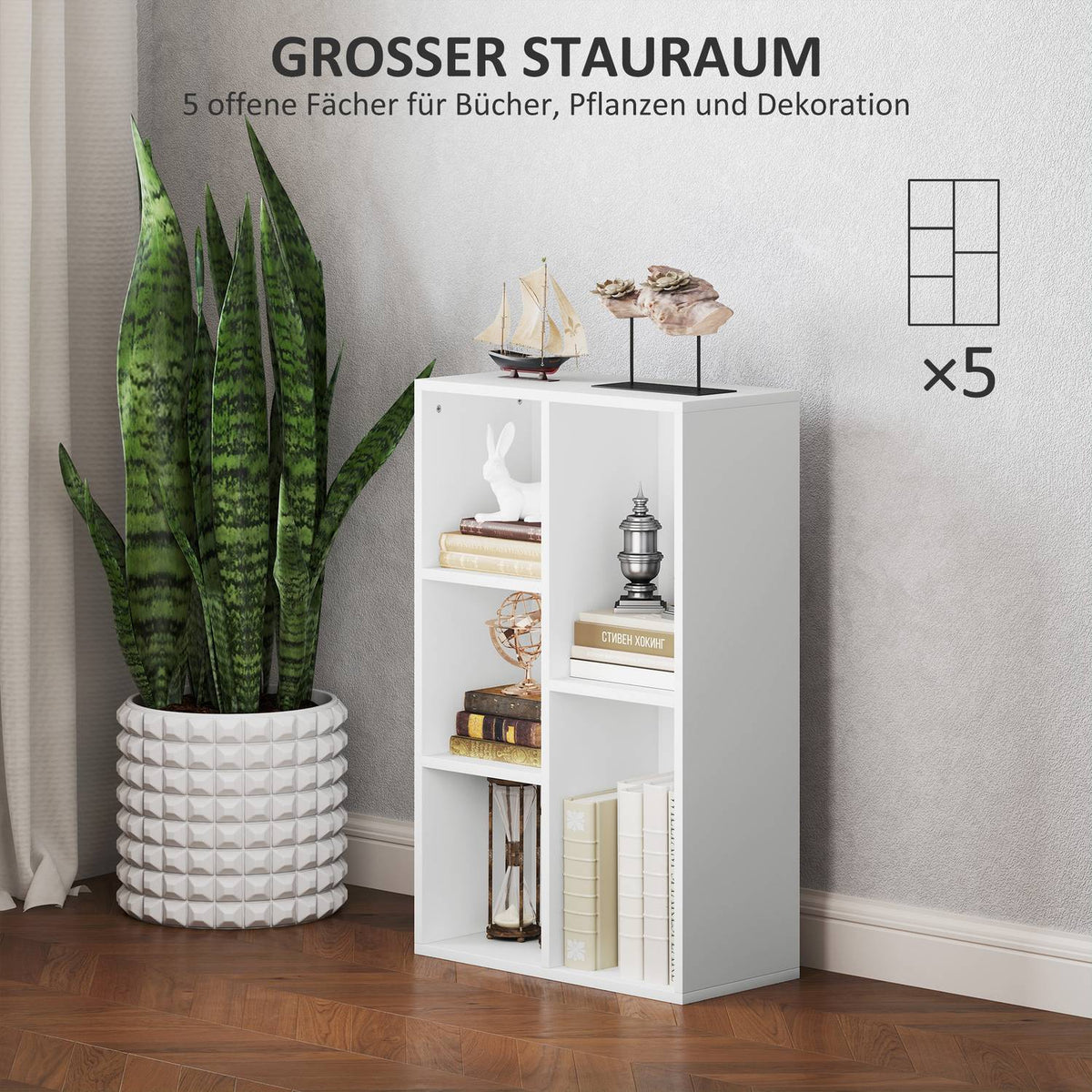 2-tier bookcase, 5 compartments, chipboard, storage shelf, white