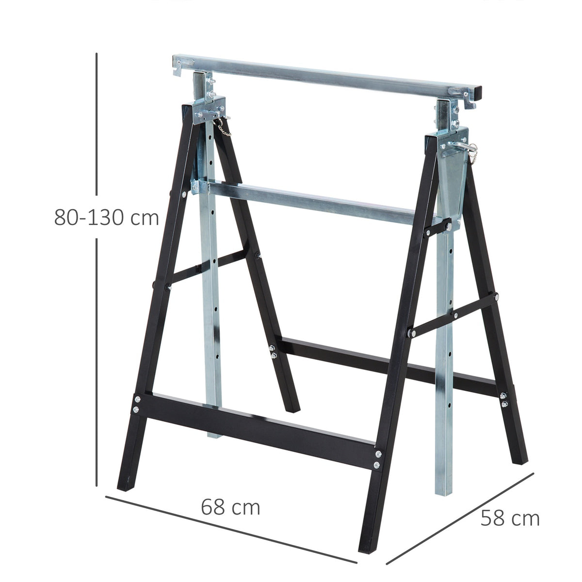 2 x scaffolding trestle, folding trestle, height adjustable up to 200 kg, made of steel, black, 68 x 58 x 80-130 cm for construction work and DIY enthusiasts