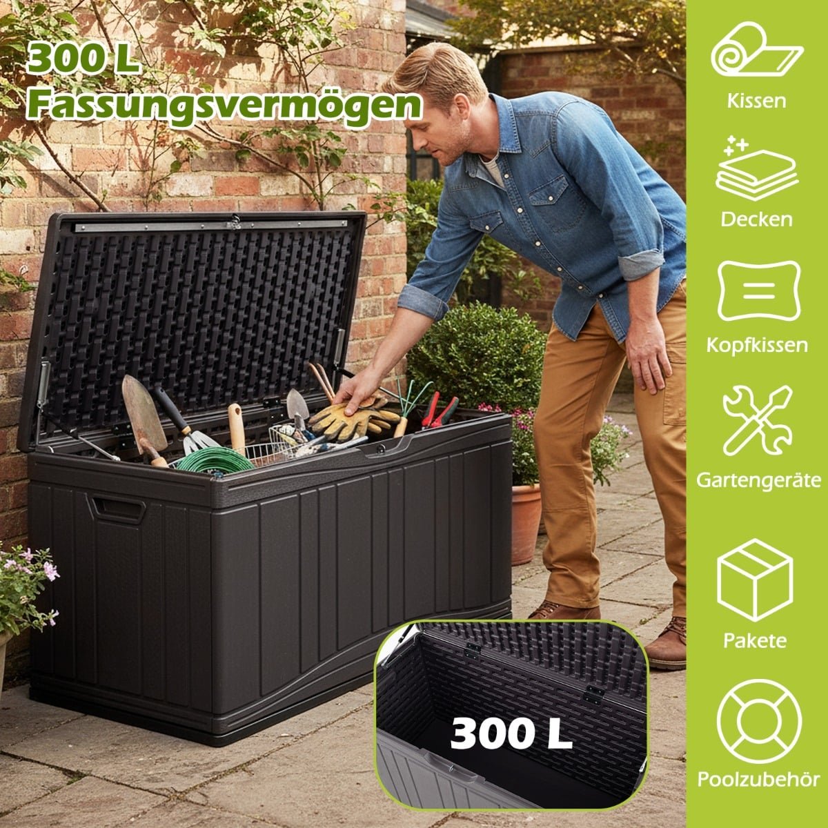 300L HDPE Outdoor Storage Box with Lockable Lid, Brown