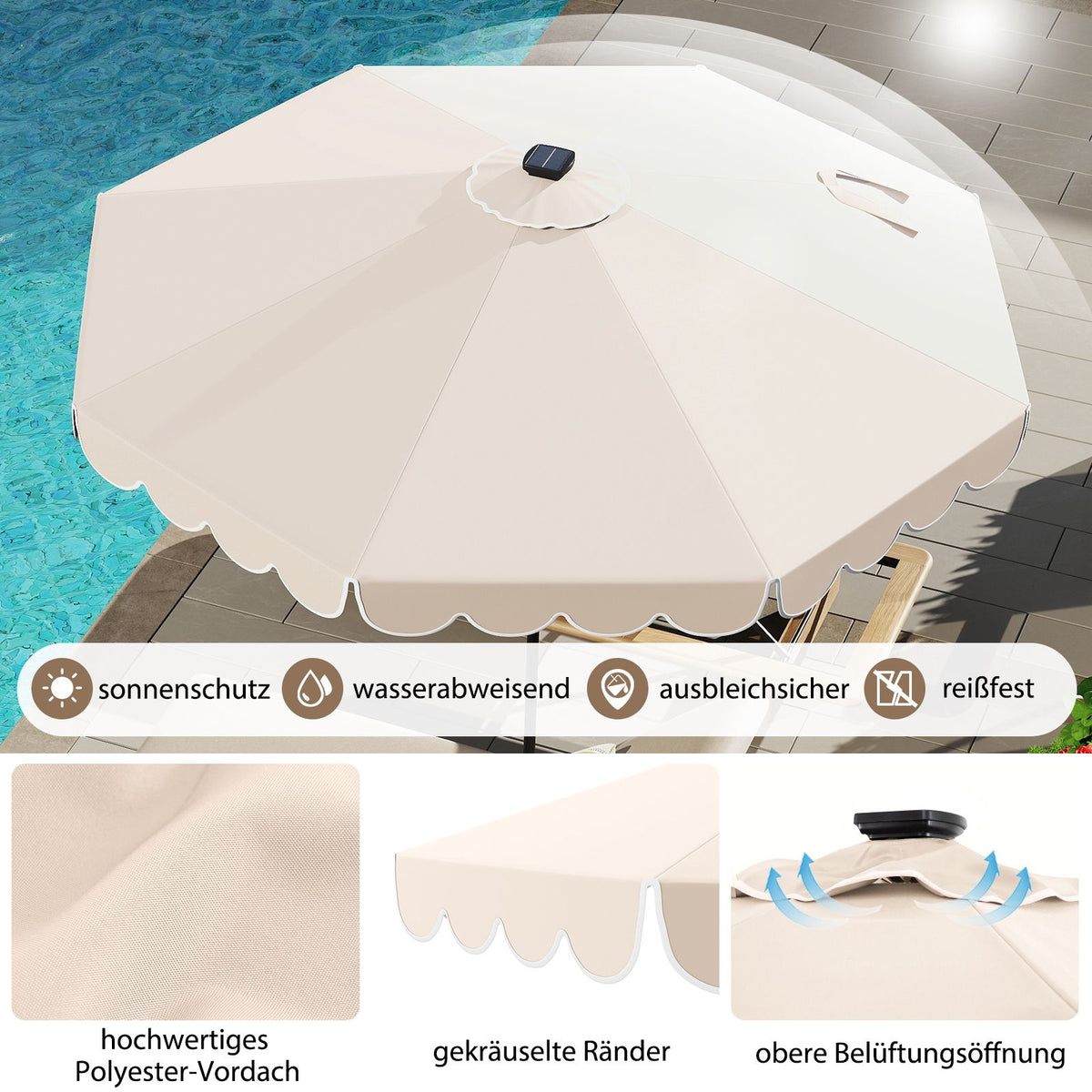 300 cm Beige Patio Umbrella with Solar LED Lights