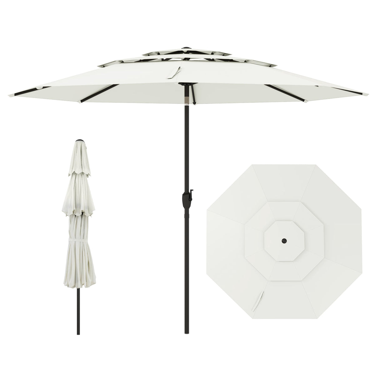 300 cm Patio Umbrella, 3-Layer Ventilated, Tilt, White