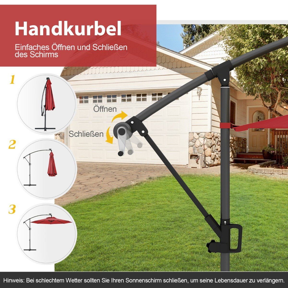 300 cm Patio Umbrella with Solar LED Lights & Crank