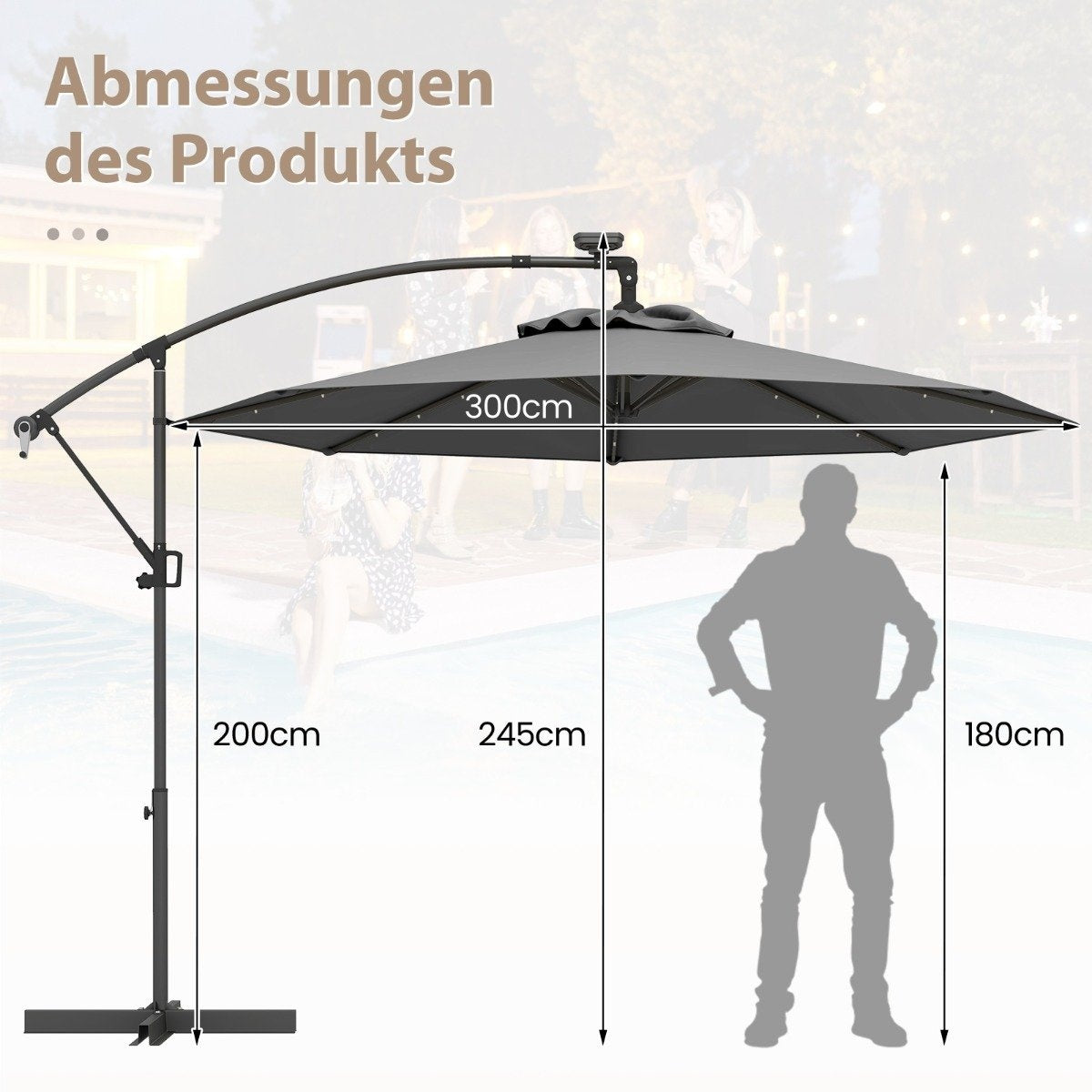 300 cm Patio Umbrella with Solar LED Lights & Crank