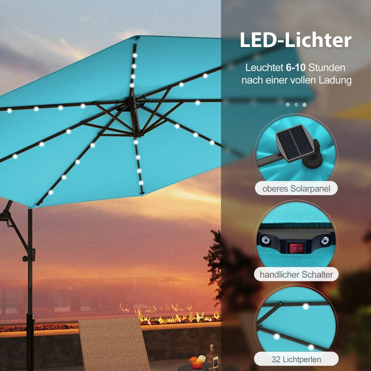 300 cm Patio Umbrella with Solar LED Lights & Crank