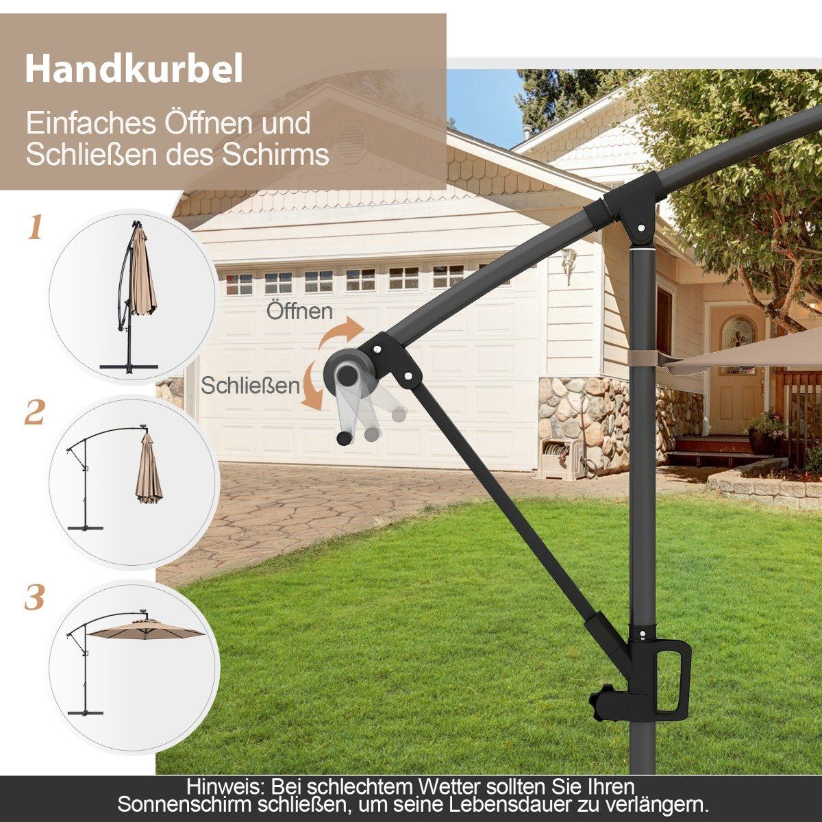 300 cm Patio Umbrella with Solar LED Lights & Crank