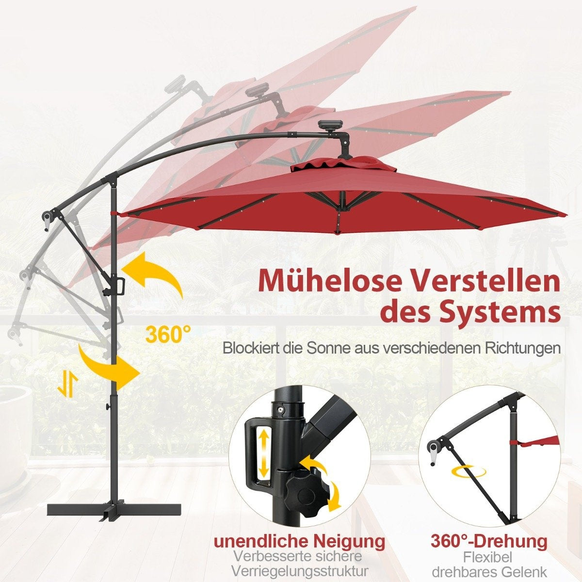 300 cm Patio Umbrella with Solar LED Lights & Crank
