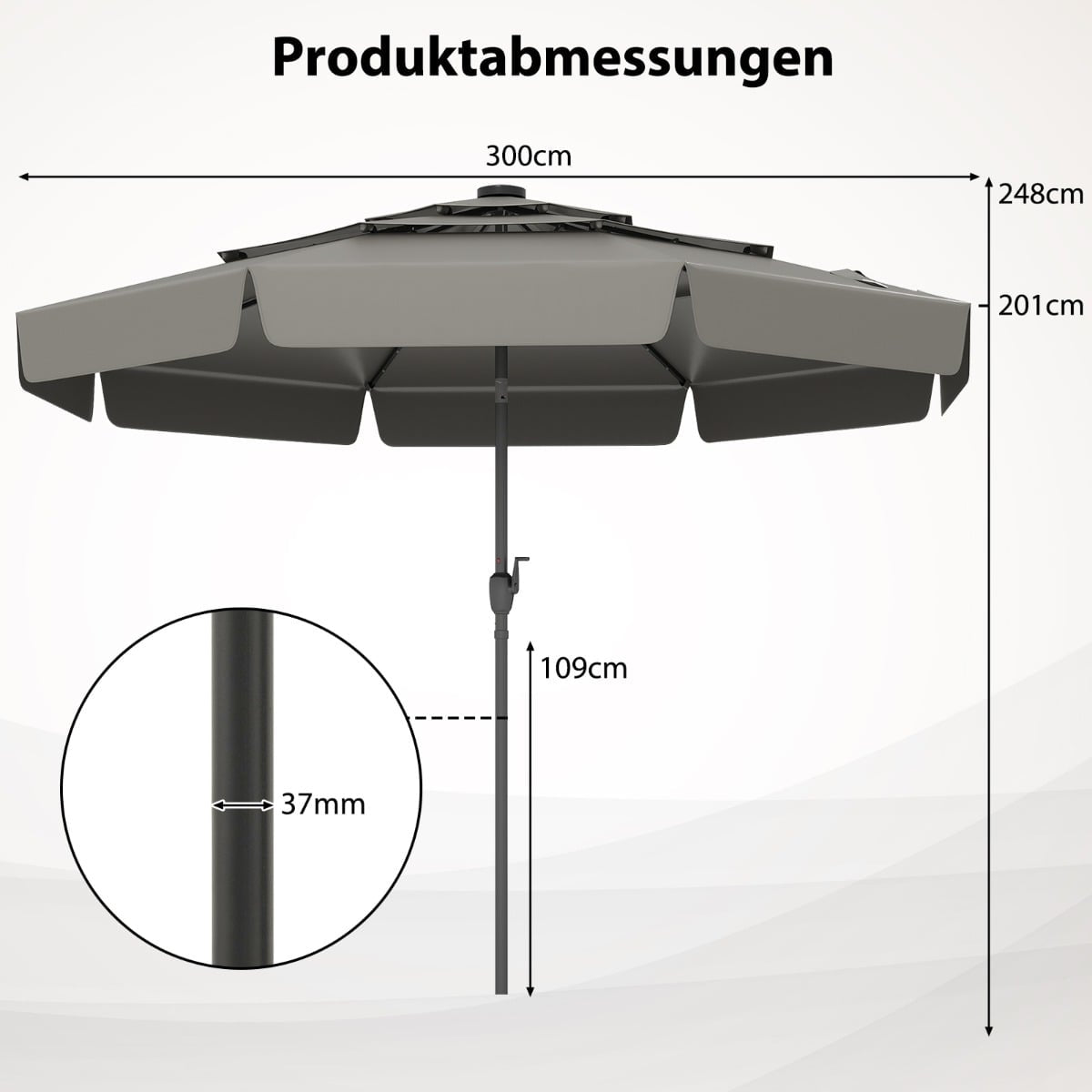300 cm Patio Umbrella with Solar LED Lights, Grey