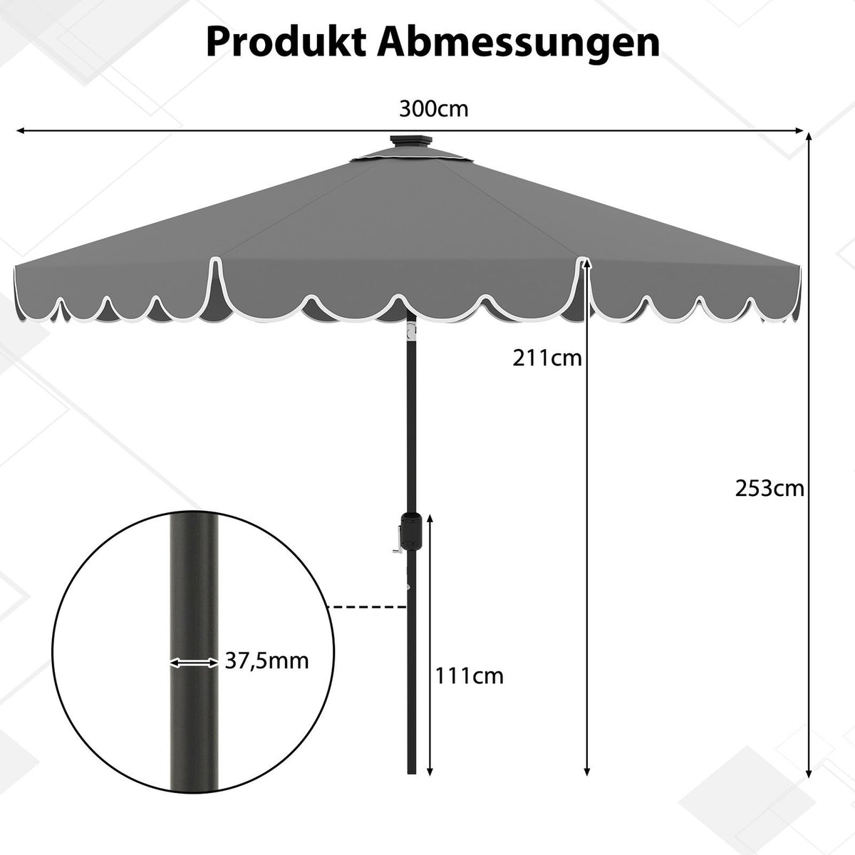 300 cm Patio Umbrella with Solar LED Lights, Tilt & Crank