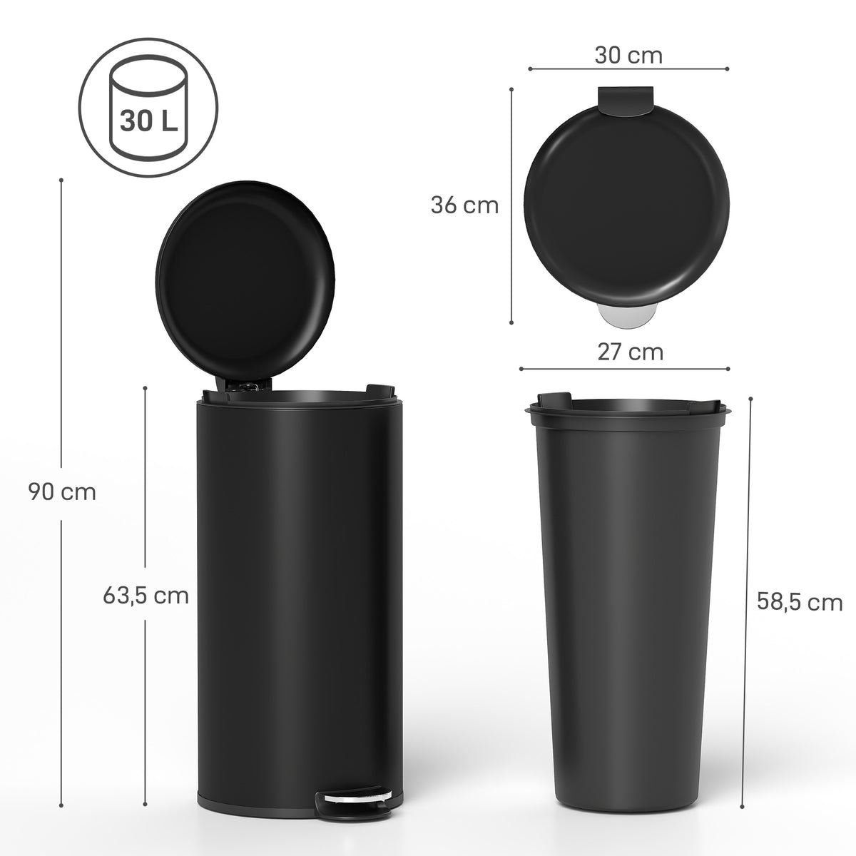 30L Pedal Bin with Soft-Close Lid, Black