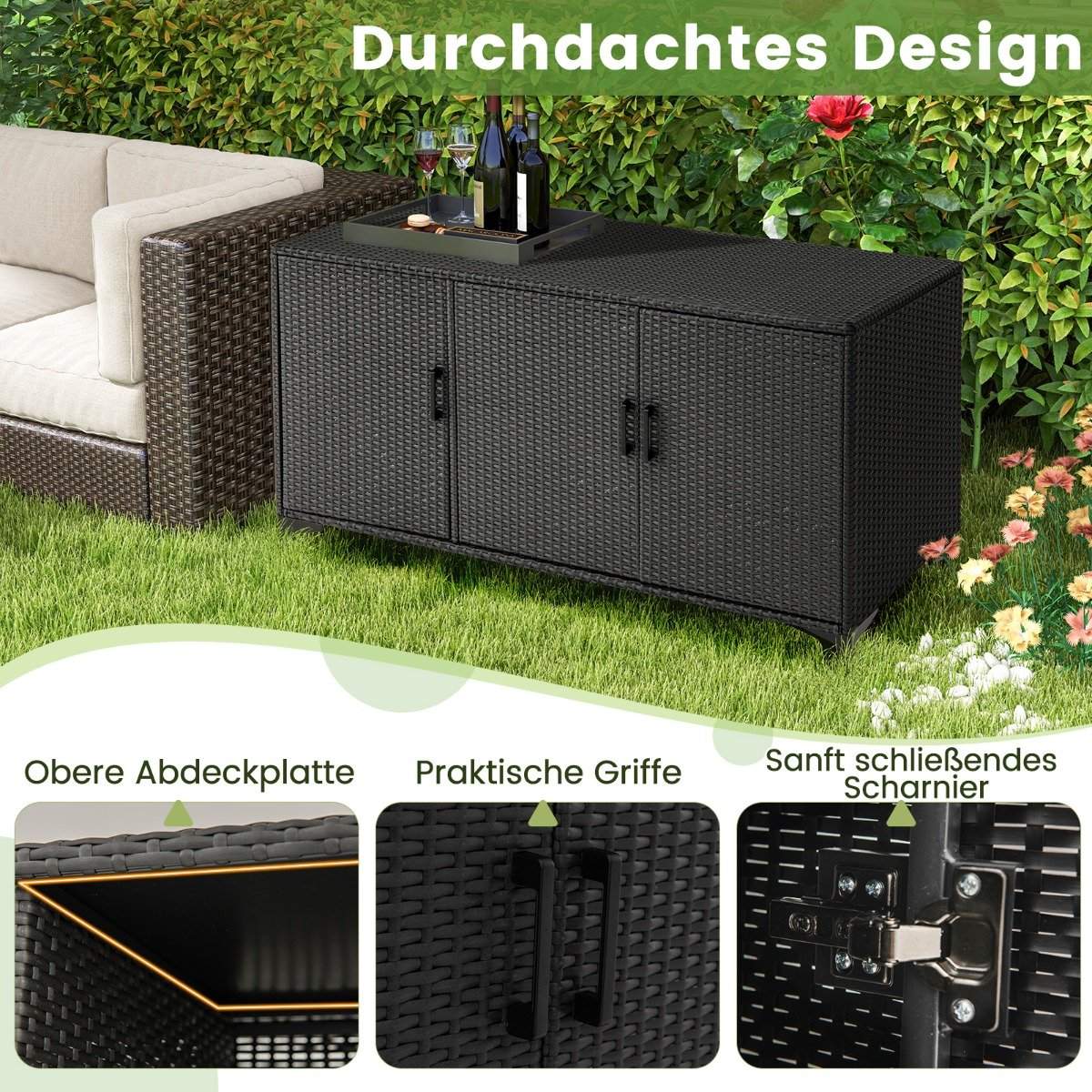 318L Rattan Garden Cabinet with Removable Shelves & Doors Outdoor Weatherproof Side Cabinet Black