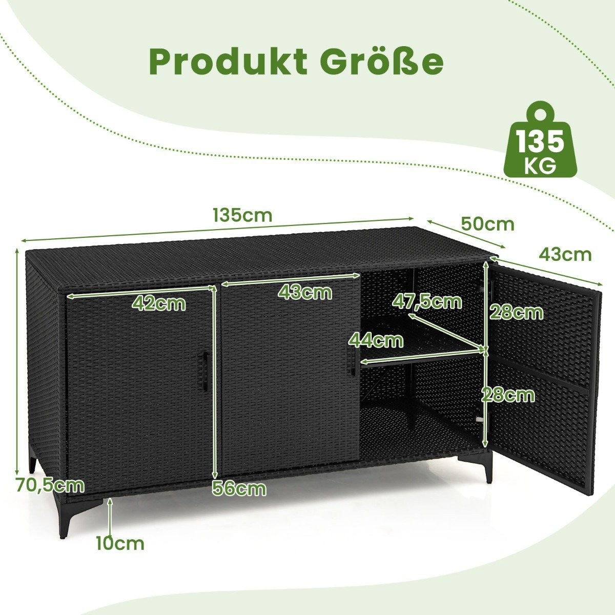 318L Rattan Garden Cabinet with Removable Shelves & Doors Outdoor Weatherproof Side Cabinet Black
