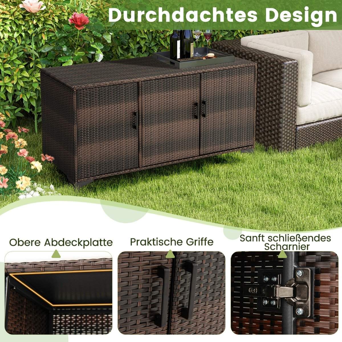 318L Rattan Garden Cabinet with Removable Shelves & Doors Outdoor Weatherproof Side Cabinet Brown