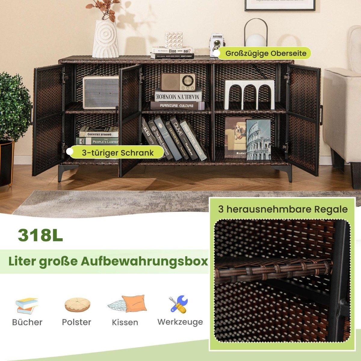 318L Rattan Garden Cabinet with Removable Shelves & Doors Outdoor Weatherproof Side Cabinet Brown