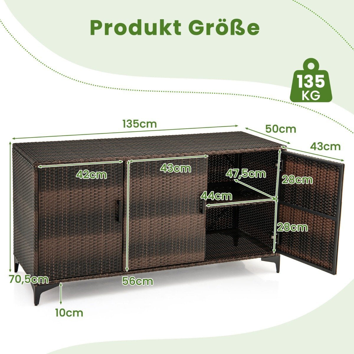 318L Rattan Garden Cabinet with Removable Shelves & Doors Outdoor Weatherproof Side Cabinet Brown