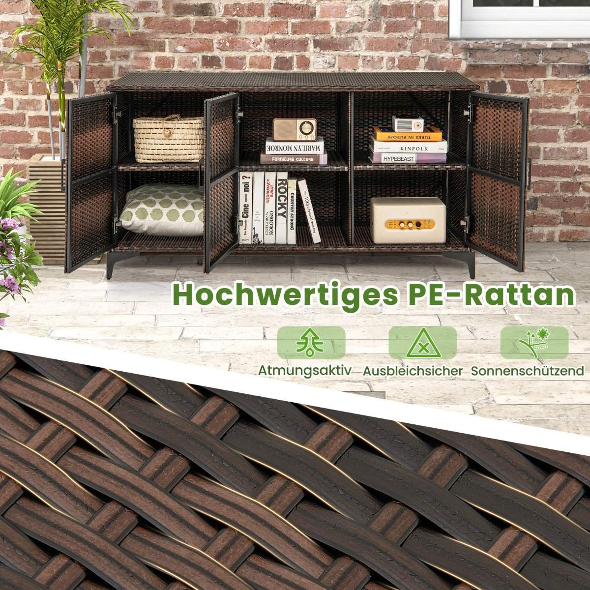 318L Rattan Garden Cabinet with Removable Shelves & Doors Outdoor Weatherproof Side Cabinet Brown
