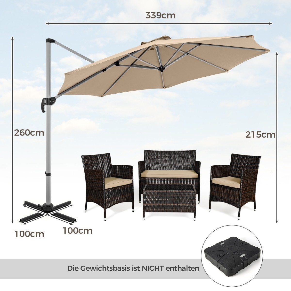 Ø 330 cm parasol with crank & UPF 50+ & 360° rotating cantilever umbrella garden umbrella beige