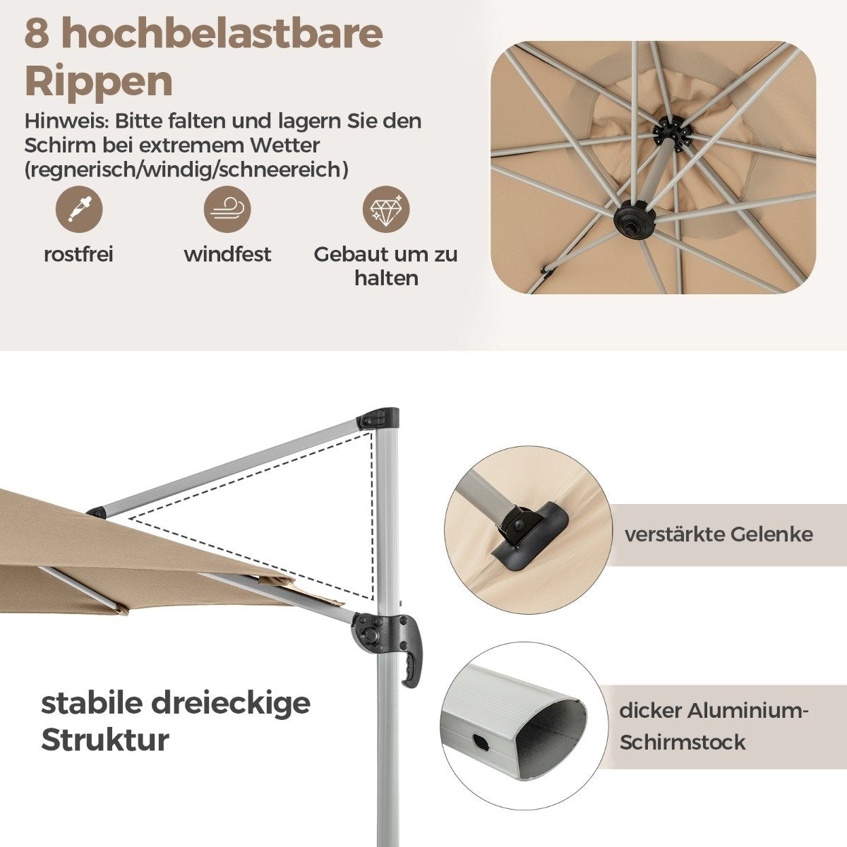 Ø 330 cm parasol with crank & UPF 50+ & 360° rotating cantilever umbrella garden umbrella beige