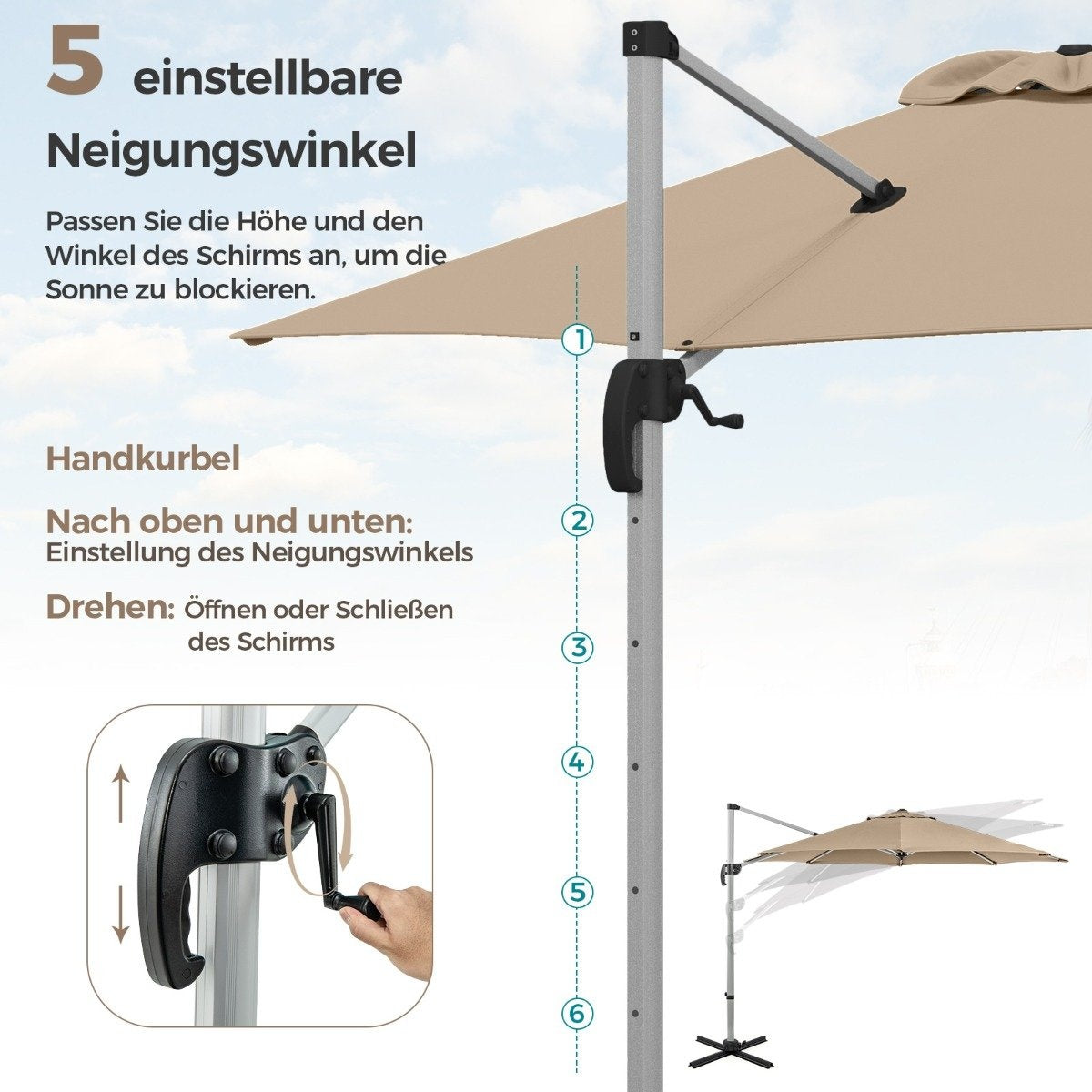 Ø 330 cm parasol with crank & UPF 50+ & 360° rotating cantilever umbrella garden umbrella beige