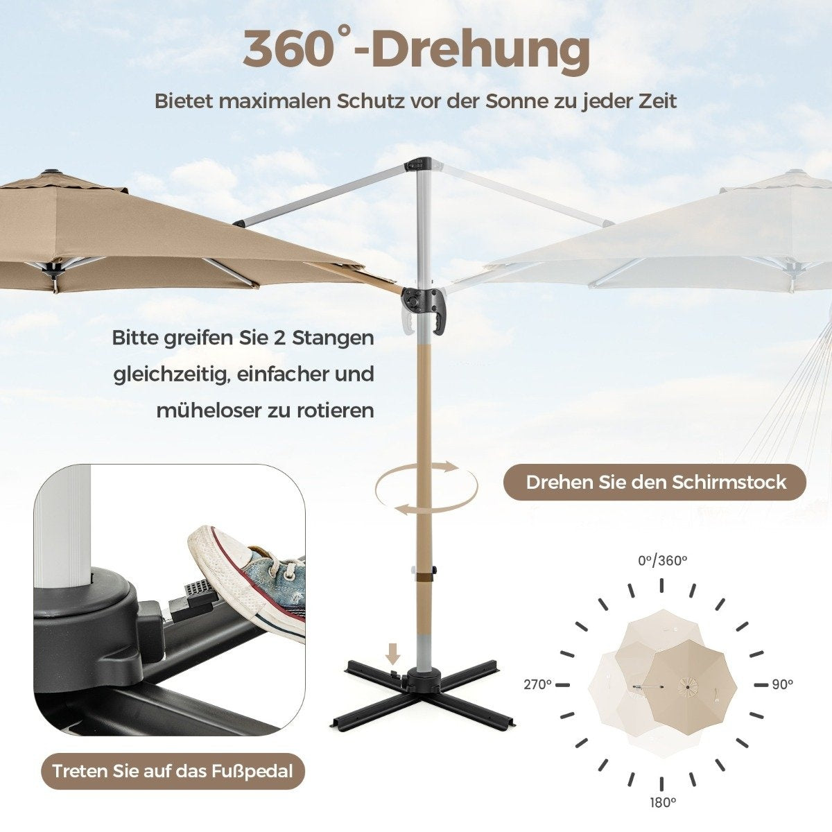 Ø 330 cm parasol with crank & UPF 50+ & 360° rotating cantilever umbrella garden umbrella beige
