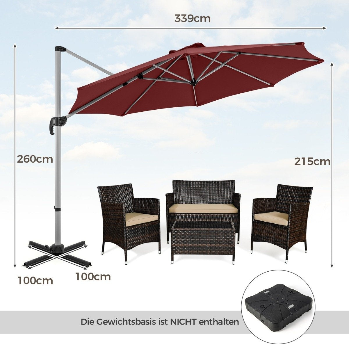 Ø 330 cm parasol with crank & UPF 50+ & 360° rotating cantilever umbrella garden umbrella red