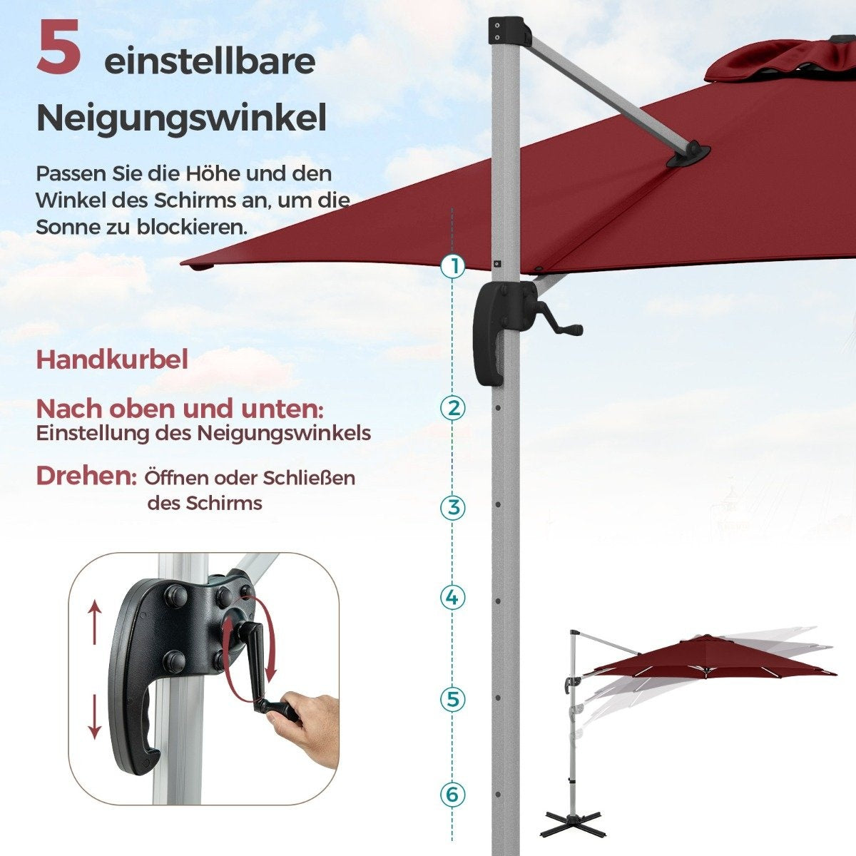 Ø 330 cm parasol with crank & UPF 50+ & 360° rotating cantilever umbrella garden umbrella red