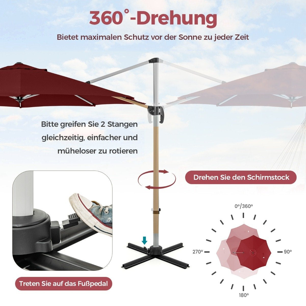 Ø 330 cm parasol with crank & UPF 50+ & 360° rotating cantilever umbrella garden umbrella red
