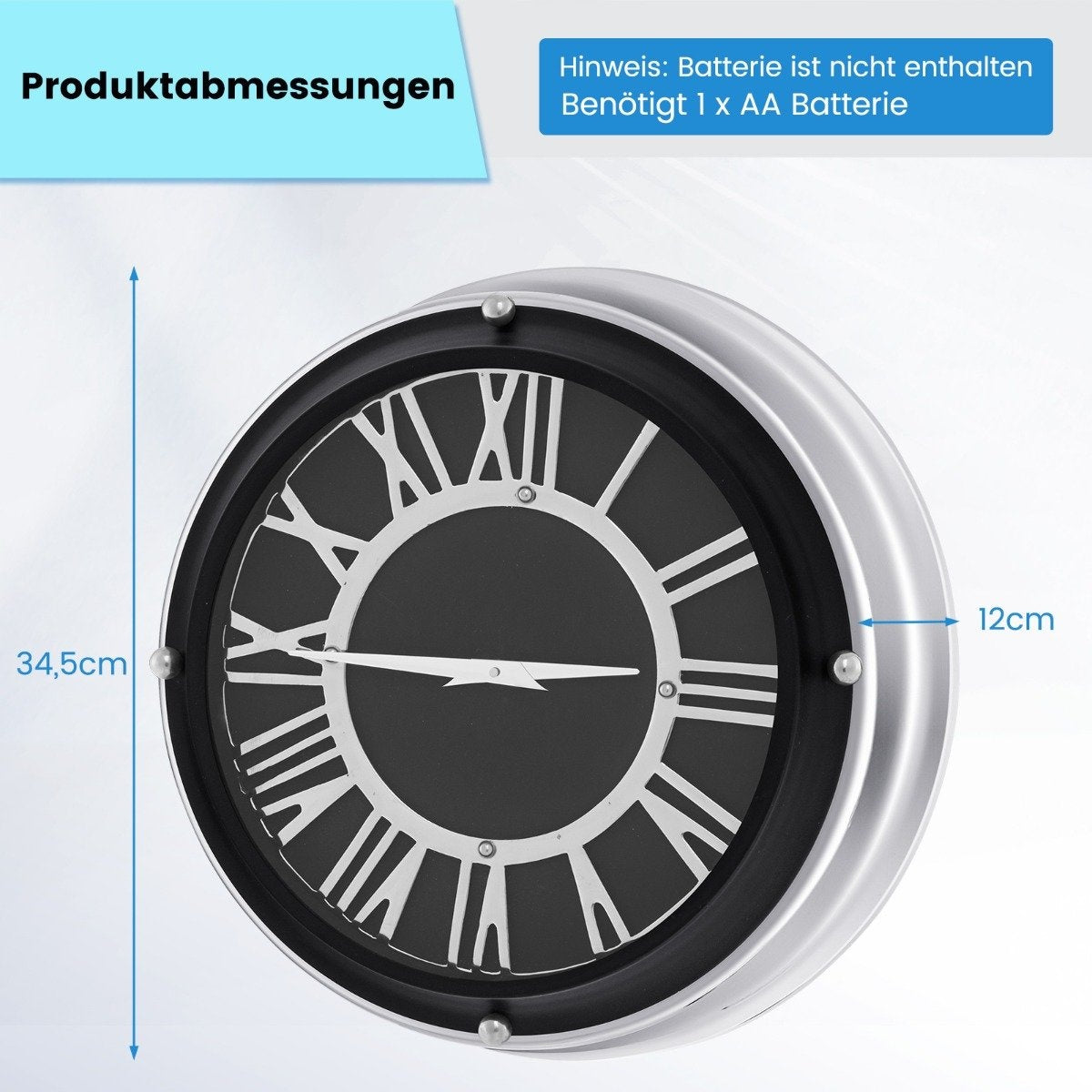 Ø 34.5 cm quiet wall clock with silver frame & Roman dial without ticking noises - Ø 34.5 cm