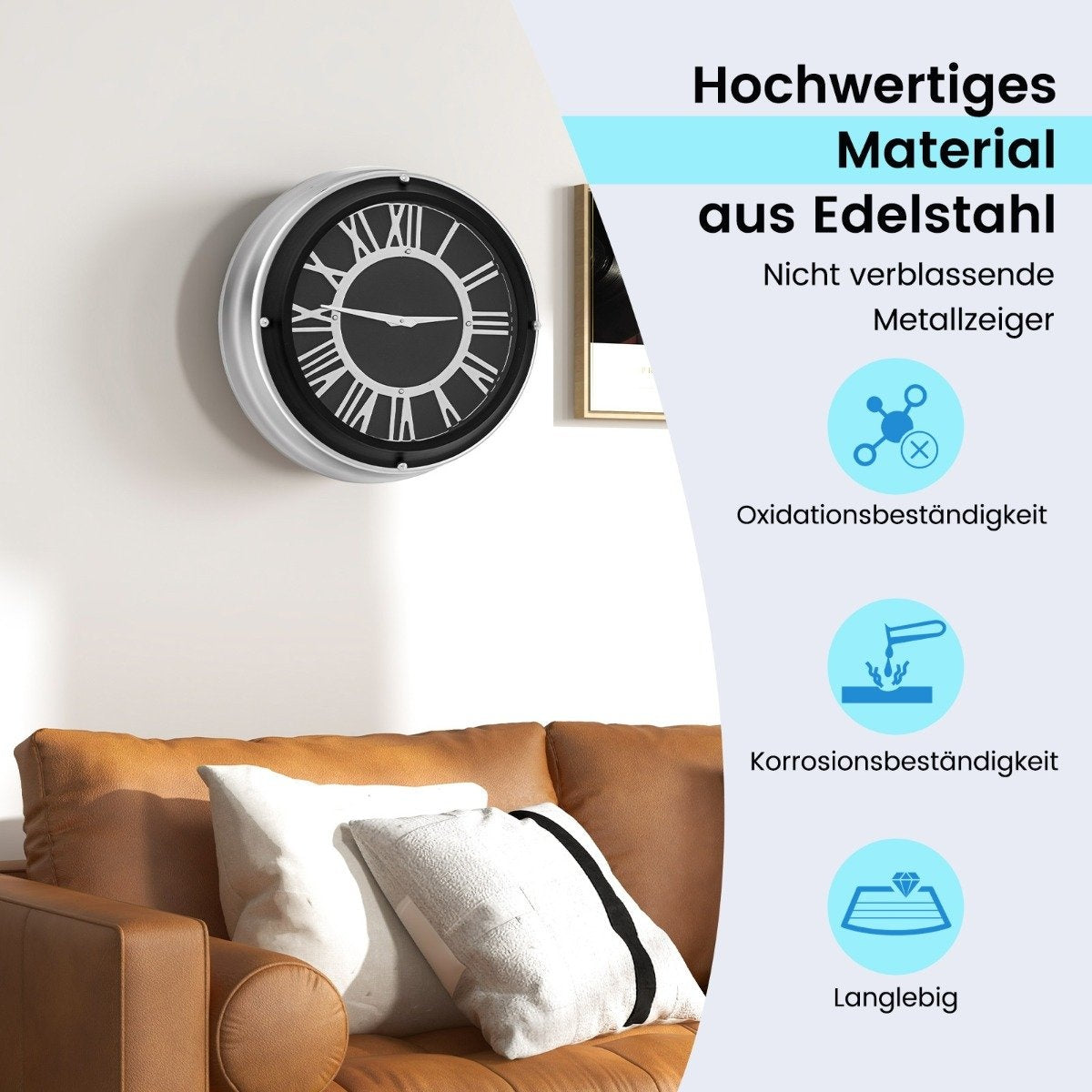 Ø 34.5 cm quiet wall clock with silver frame & Roman dial without ticking noises - Ø 34.5 cm