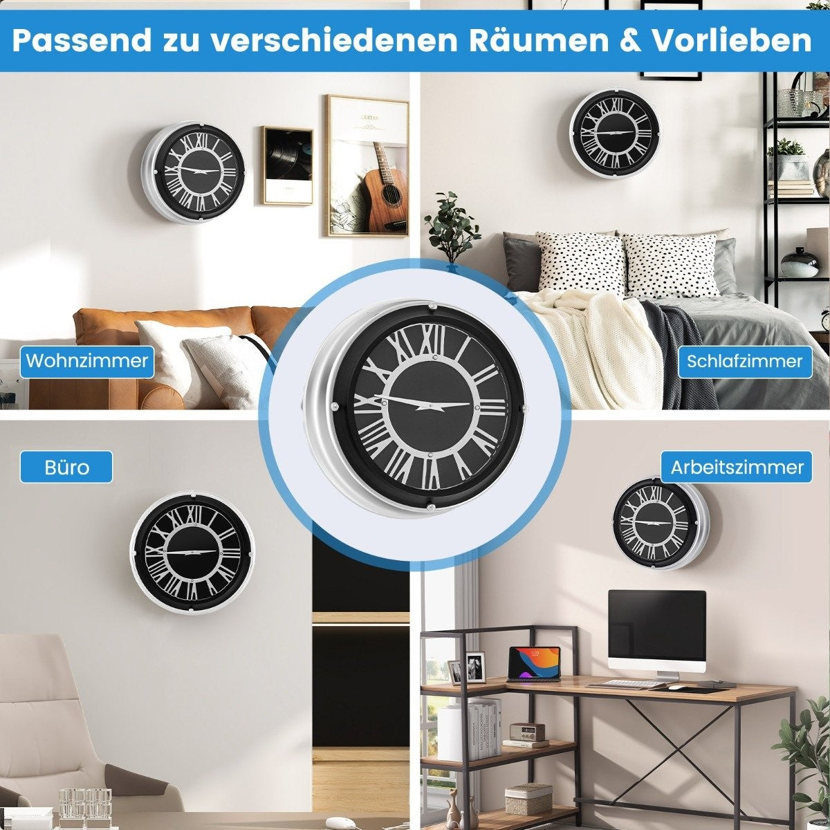 Ø 34.5 cm quiet wall clock with silver frame & Roman dial without ticking noises - Ø 34.5 cm