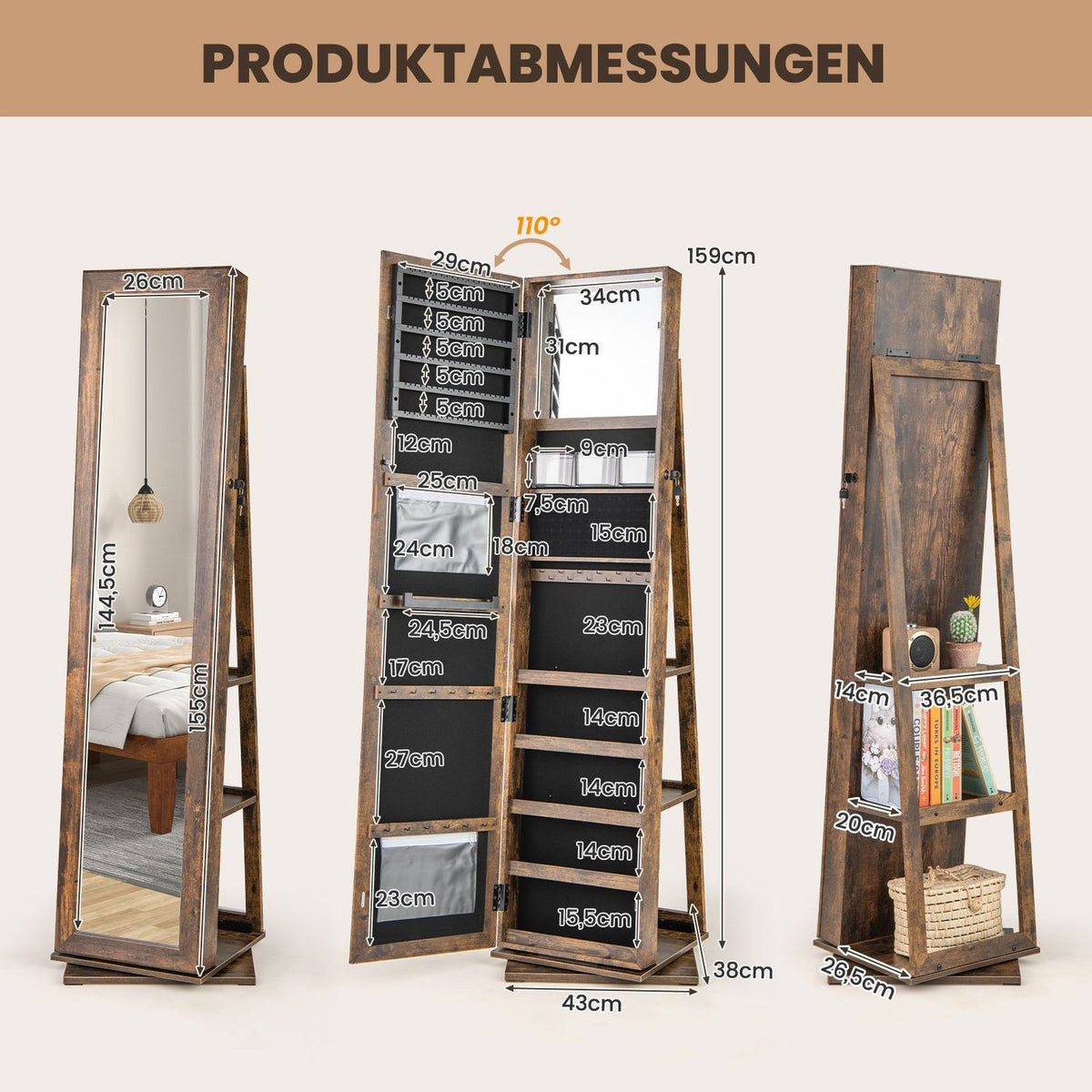 360° Rotating Jewelry Armoire with Full-Length Mirror