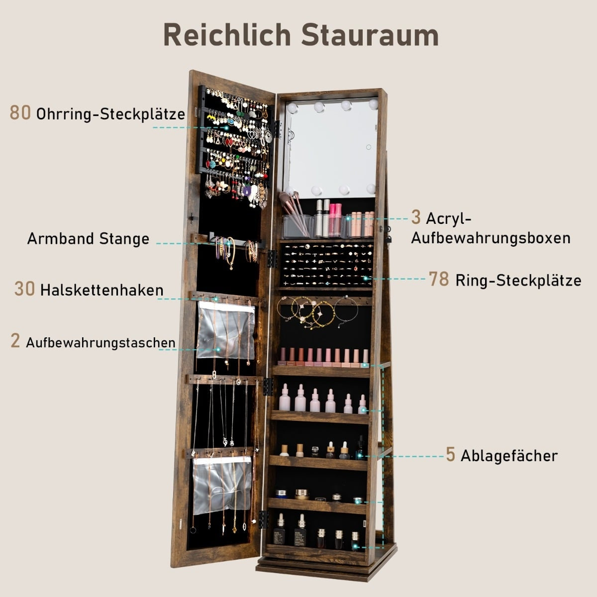 360 Rotating Jewelry Armoire with Mirror & Shelves
