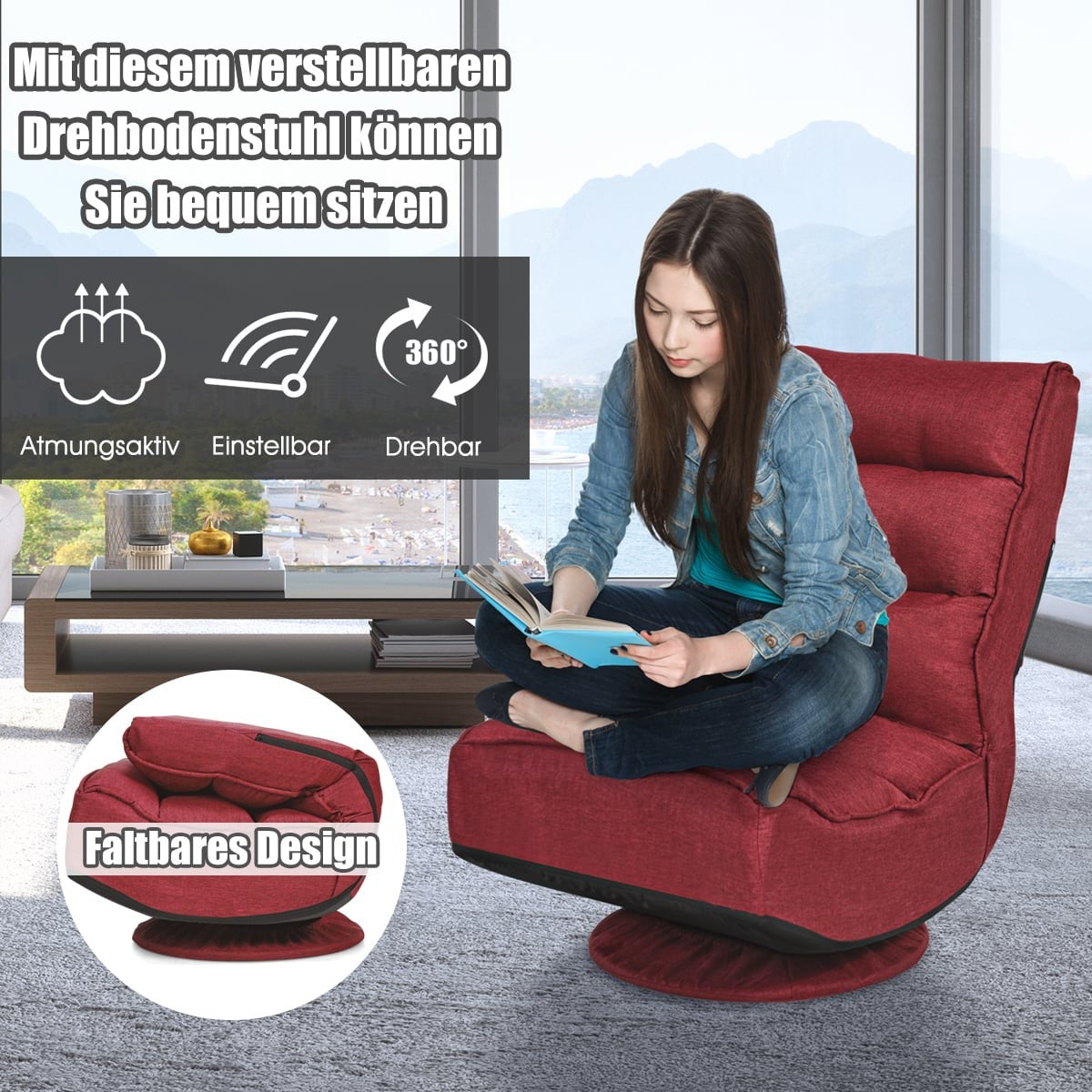 360 Swivel Floor Chair, Adjustable Backrest, Red