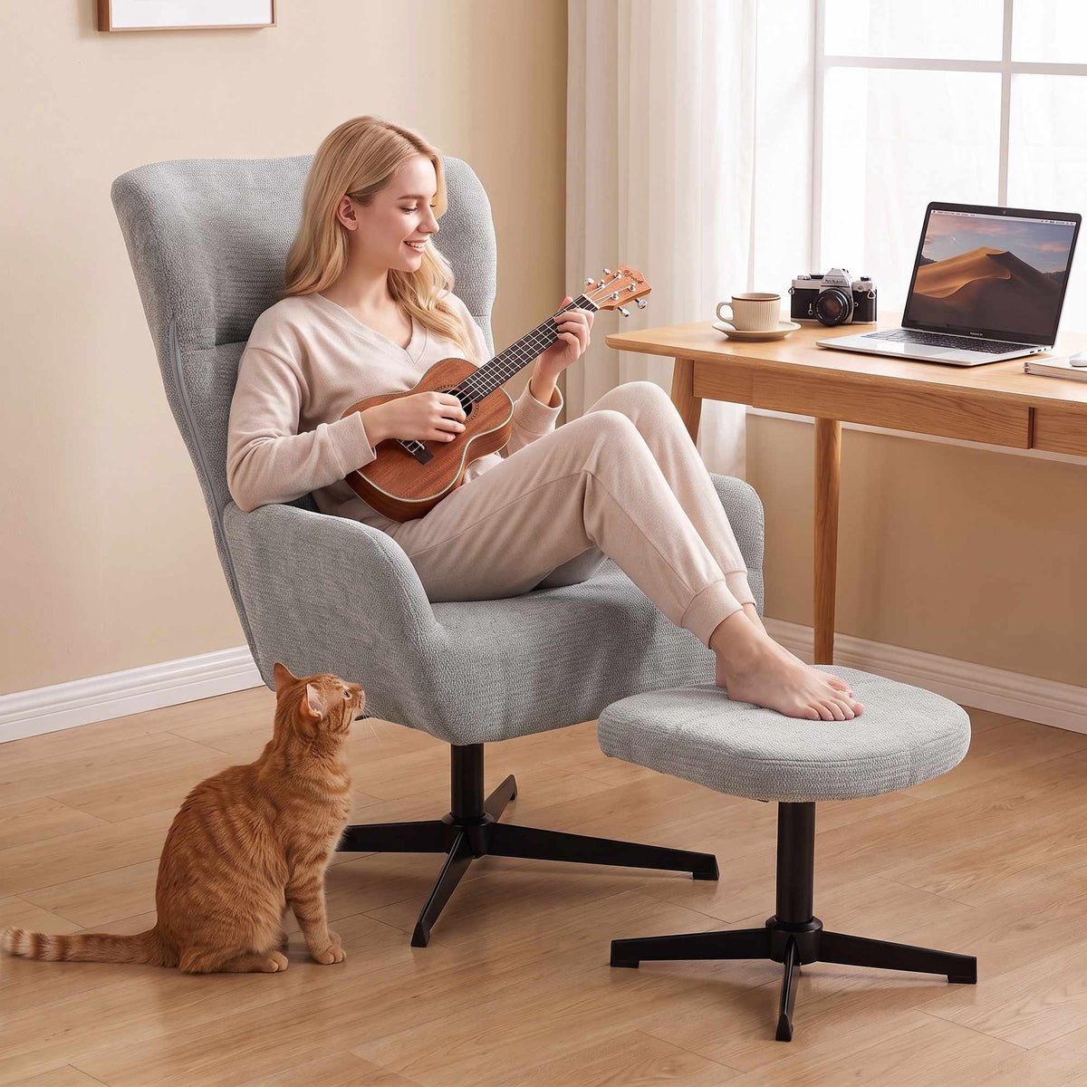360 Swivel Lounge Chair with Ottoman, Adjustable Height, Cream